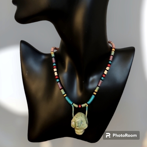 Vtg Rainbow Tribal African Jade Skull Rope Apocalyptic Festival Necklace